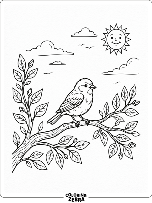 A little bird sits on a branch with simple leaves and space around it