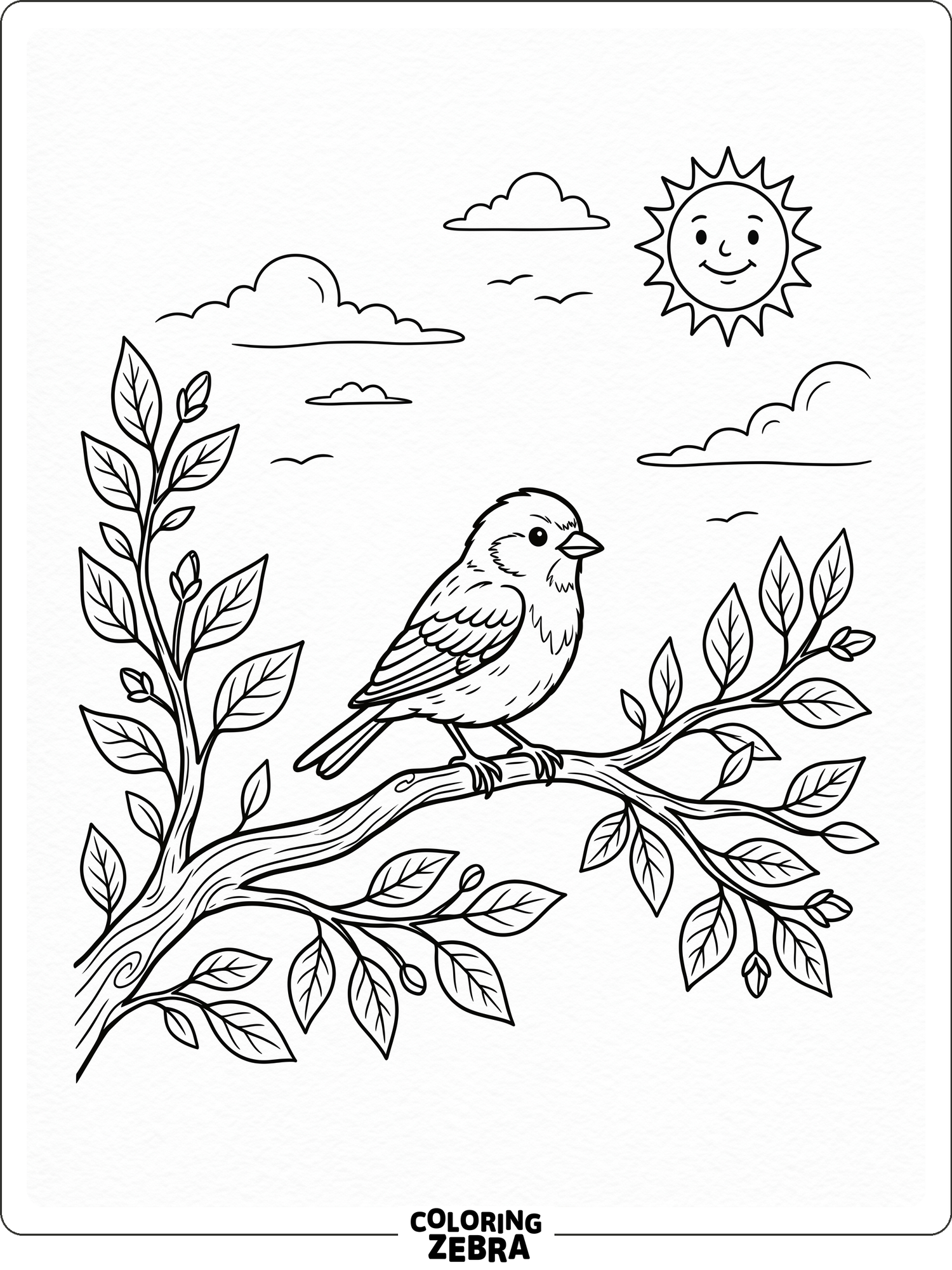 A little bird sits on a branch with simple leaves and space around it