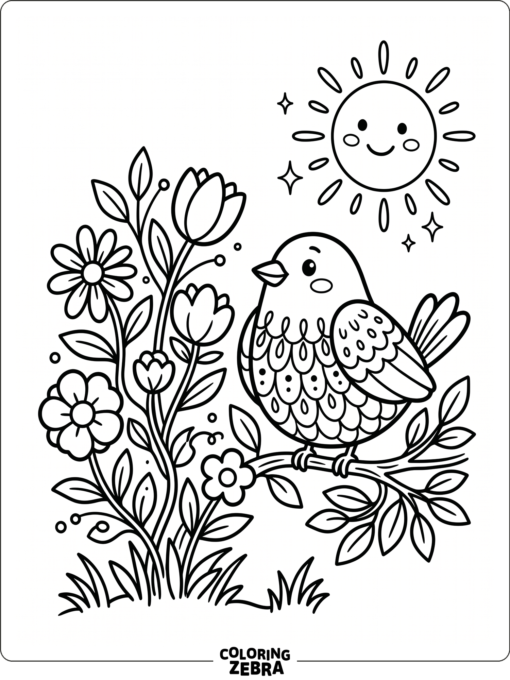 A cheerful bird sits near flowers and a bright sun