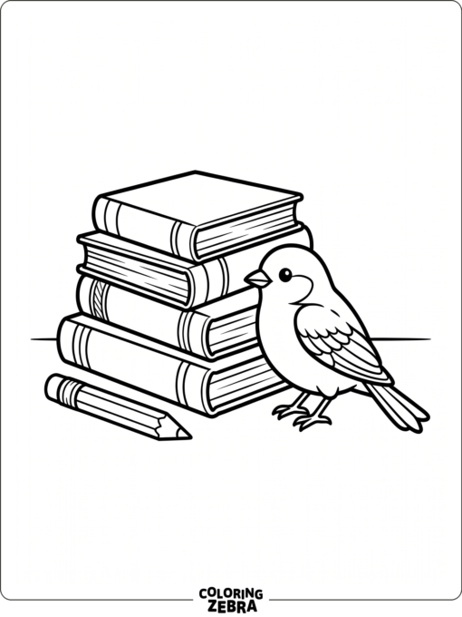 A bird sits beside books and a pencil