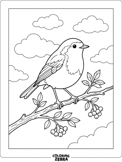 A songbird perches on a twig with berries and clouds