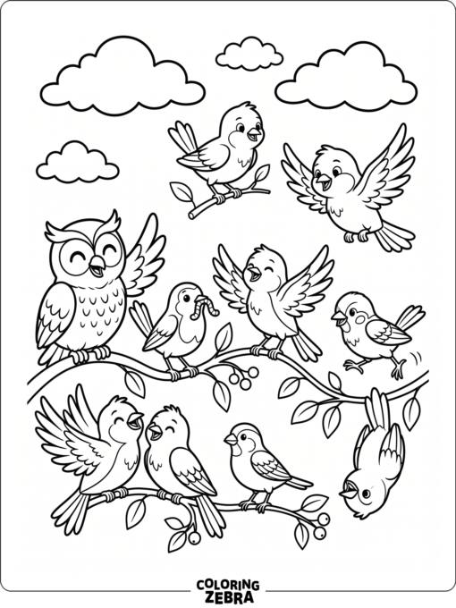 Several kids-friendly birds in playful poses