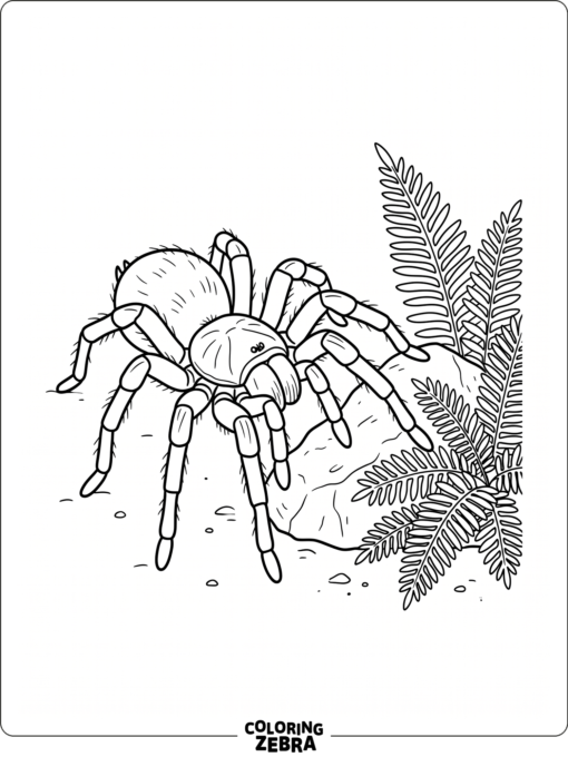 A bird eating spider beside a rock and fern