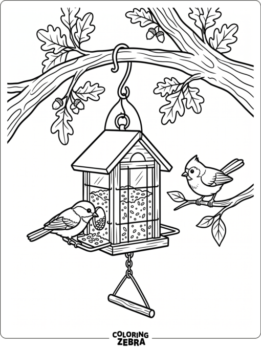 A bird feeder hanging from a branch with two birds