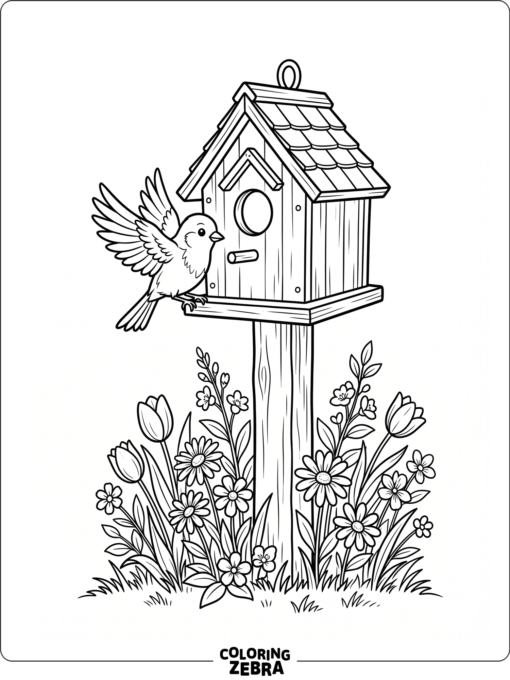 A birdhouse with a bird nearby