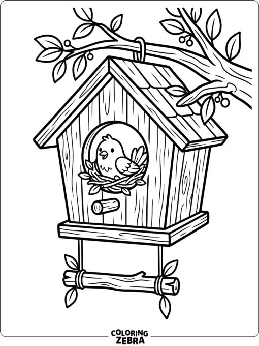 A bird sitting in a birdhouse with bold outlines