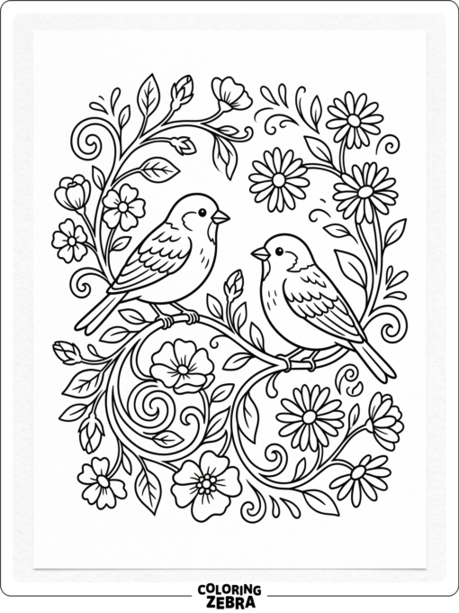 Two birds perched near blooming flowers