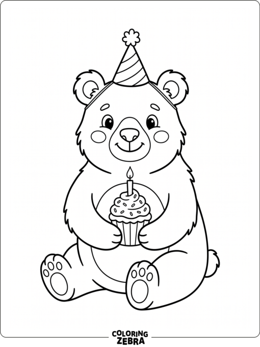 A bear holding a cupcake and wearing a party hat