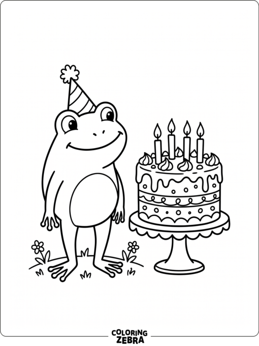 A frog wearing a party hat beside a birthday cake