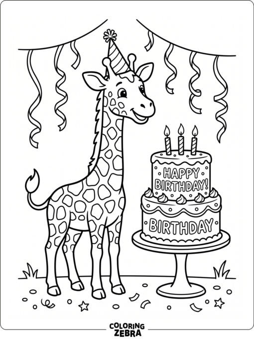 A giraffe beside a birthday cake and streamers