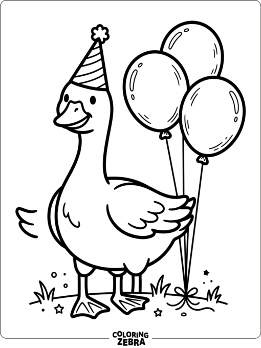 A goose wearing a party hat with balloons
