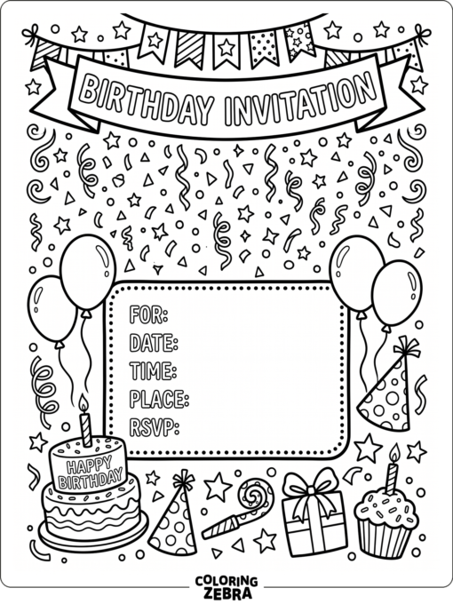 A birthday invitation card with confetti and a banner