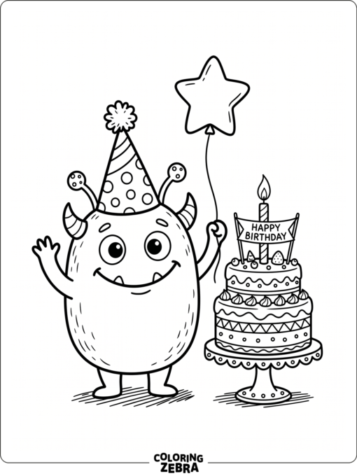 A birthday monster with a party hat and cake