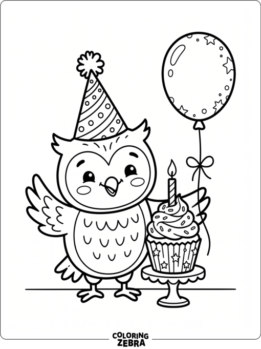An owl in a party hat with a cupcake