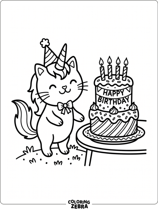 A birthday unicorn cat next to a cake