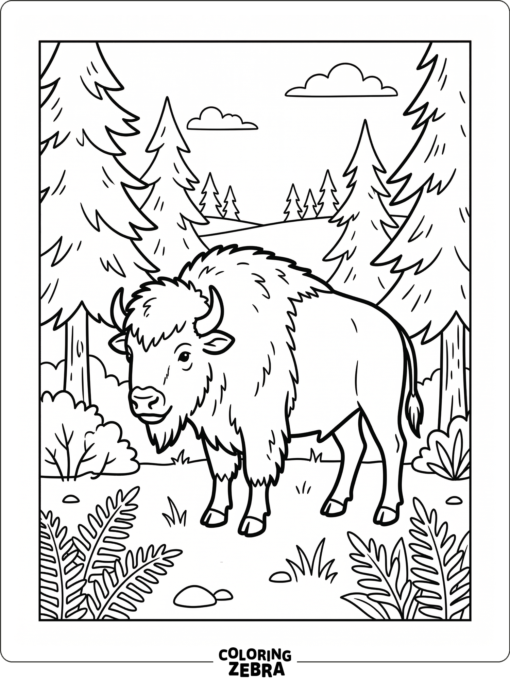 A bison among pine trees and ferns in a quiet woodland clearing