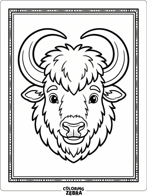 A bison head centered with large horns and a simple border