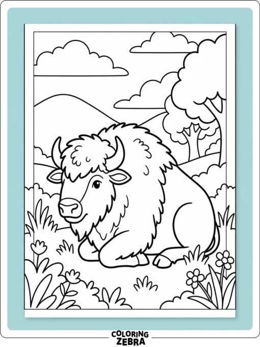 A bison sitting in grass with simple shapes and large open spaces