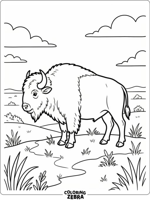 A bison in profile on open prairie with sparse grass