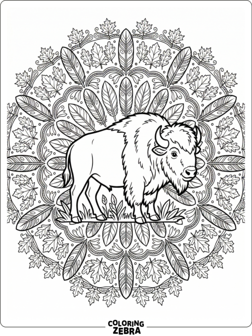 A bison surrounded by repeating leaf and feather mandala patterns