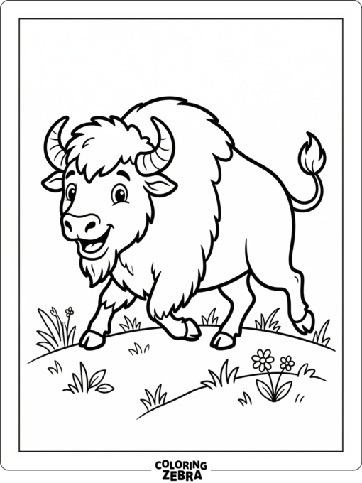 A cartoon bison trotting with a happy expression and simple grass