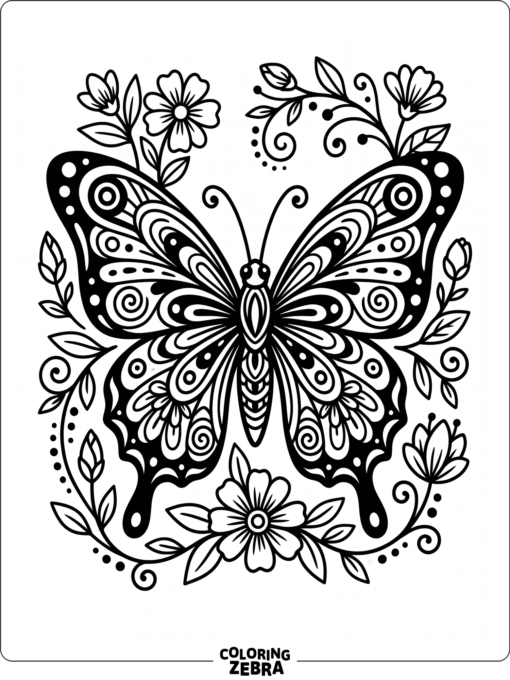 A black and white butterfly with floral accents