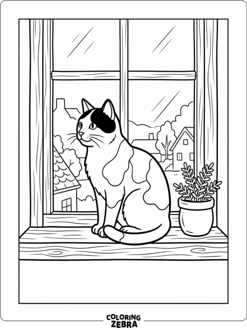 A black and white cat sits on a windowsill beside a plant