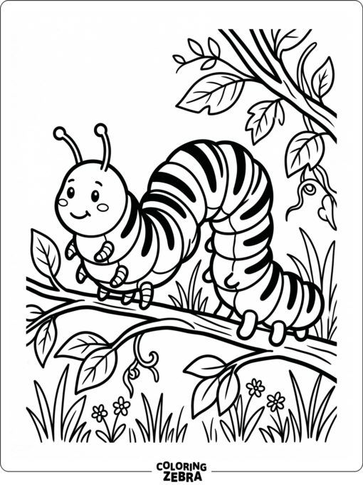 A black and white caterpillar with bold stripes and simple legs