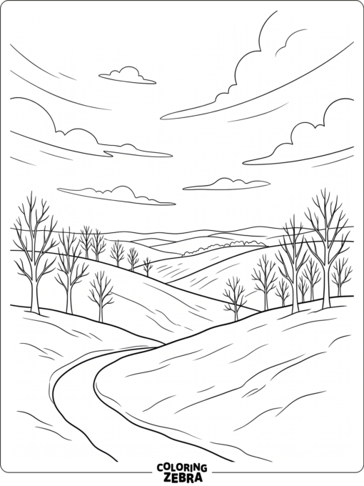 A black and white winter landscape with hills and trees