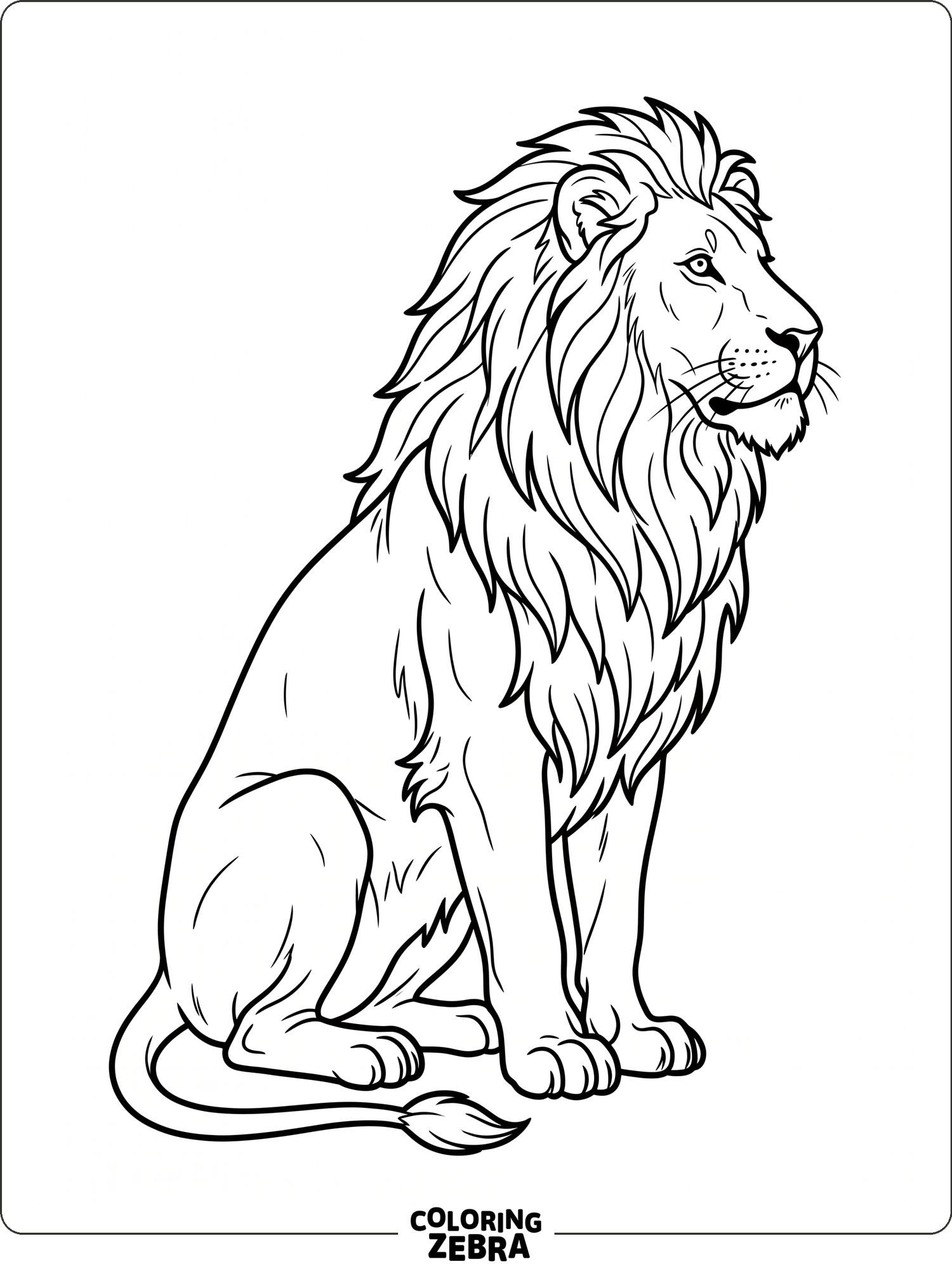 A black and white lion sits in profile