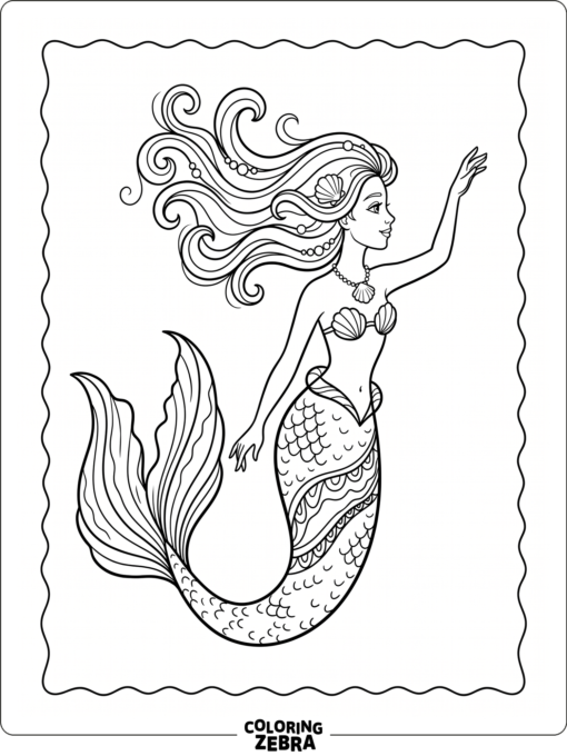 A simple black and white mermaid with flowing hair