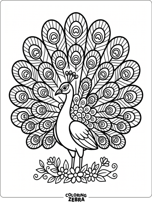A peacock with bold outlines on a plain background