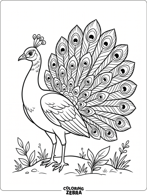 A peacock in profile with a simple black and white outline