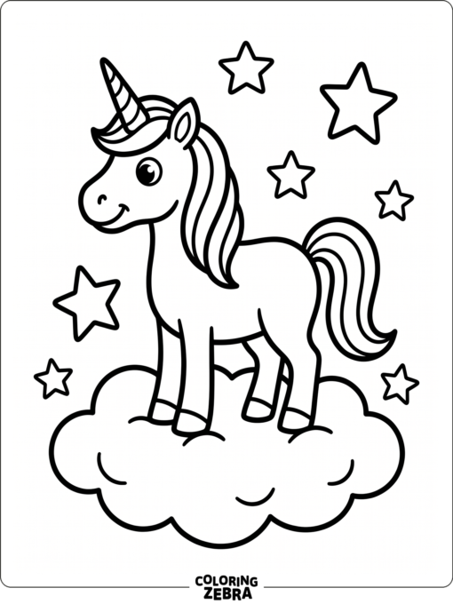 A black and white unicorn stands on a cloud