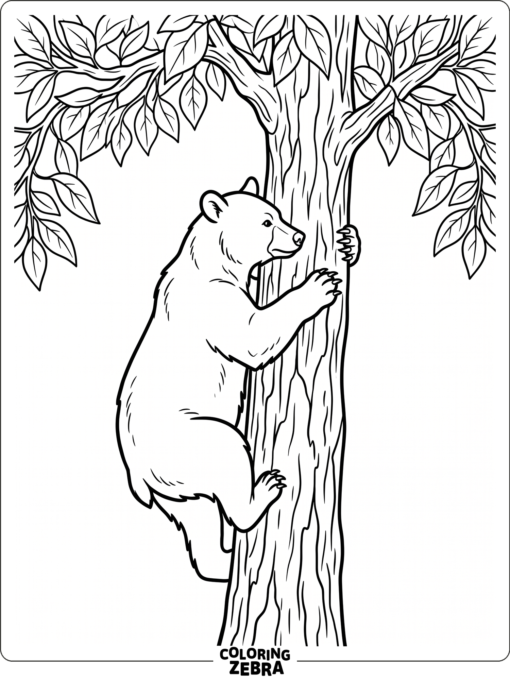 A black bear climbs a tree trunk with leaves above