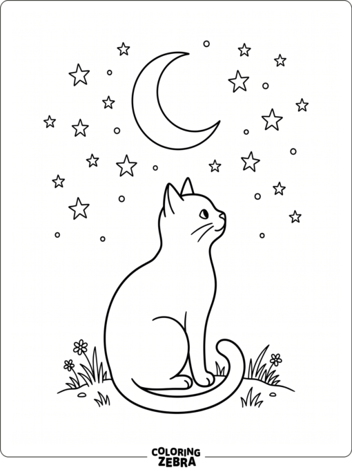 A black cat under a crescent moon and stars