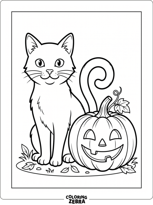 A black cat sitting beside a pumpkin
