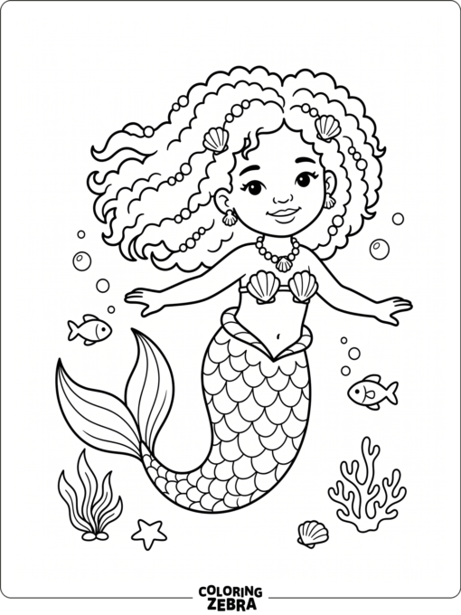 A smiling black girl mermaid with curly hair and a shell necklace