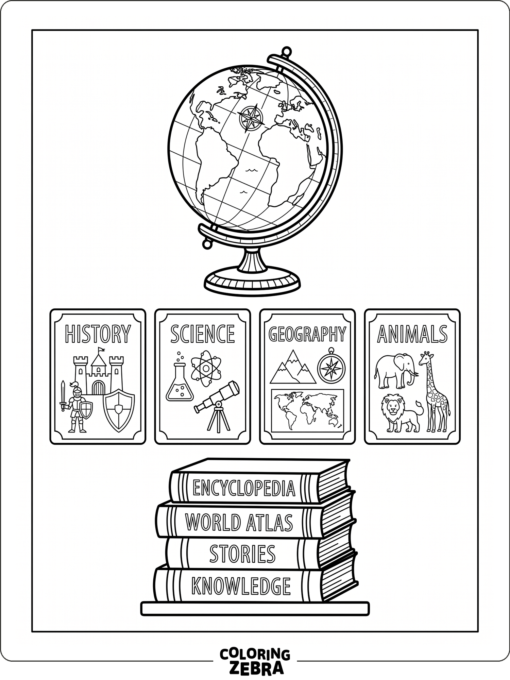 Fact cards, books, and a globe on one page