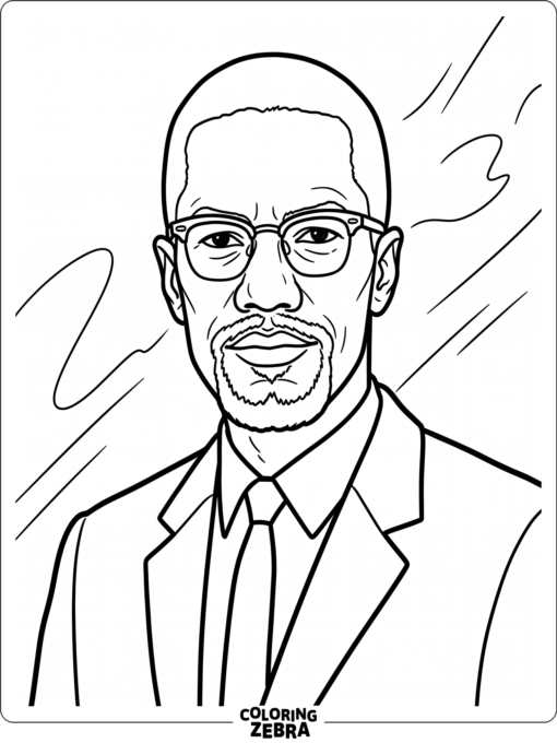 Malcolm X portrait with glasses and a suit