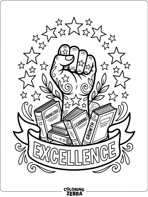 Raised fist with books and stars