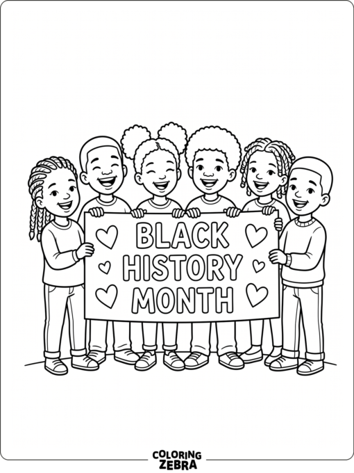Smiling children holding a Black History Month sign