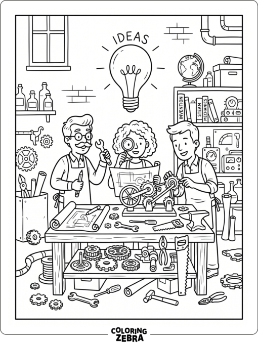 Inventors with tools, gears, and a light bulb