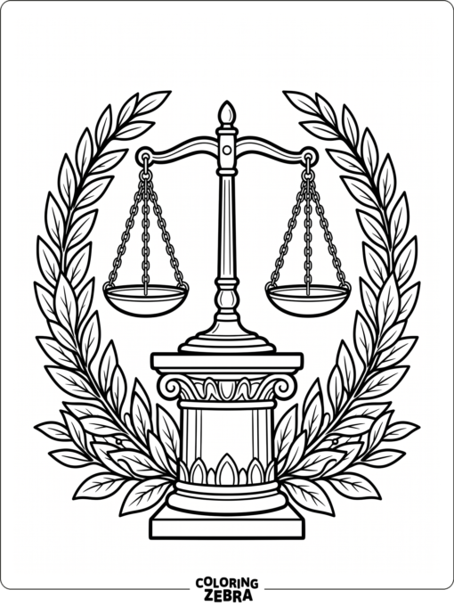 Justice scales with laurel leaves