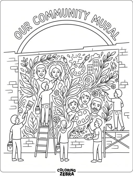 Community mural wall with portraits and leaves