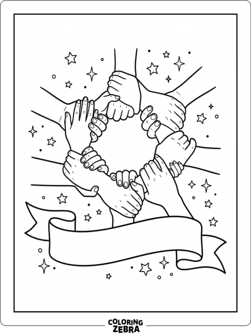Diverse hands joining above a ribbon and stars