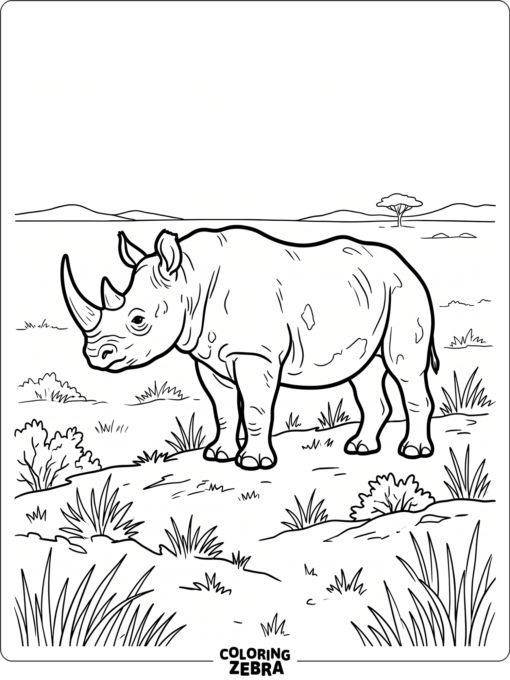 A black rhino stands in dry grass