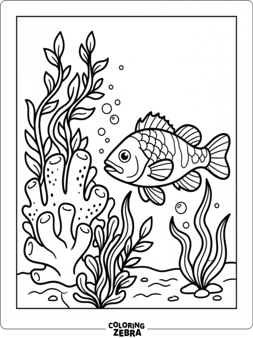 A black sea bass swimming by coral