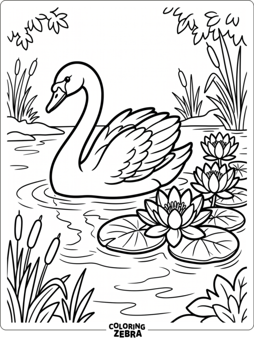 A black swan swimming beside water lilies