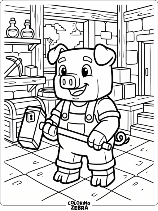 A blocky piggy character holding a tool